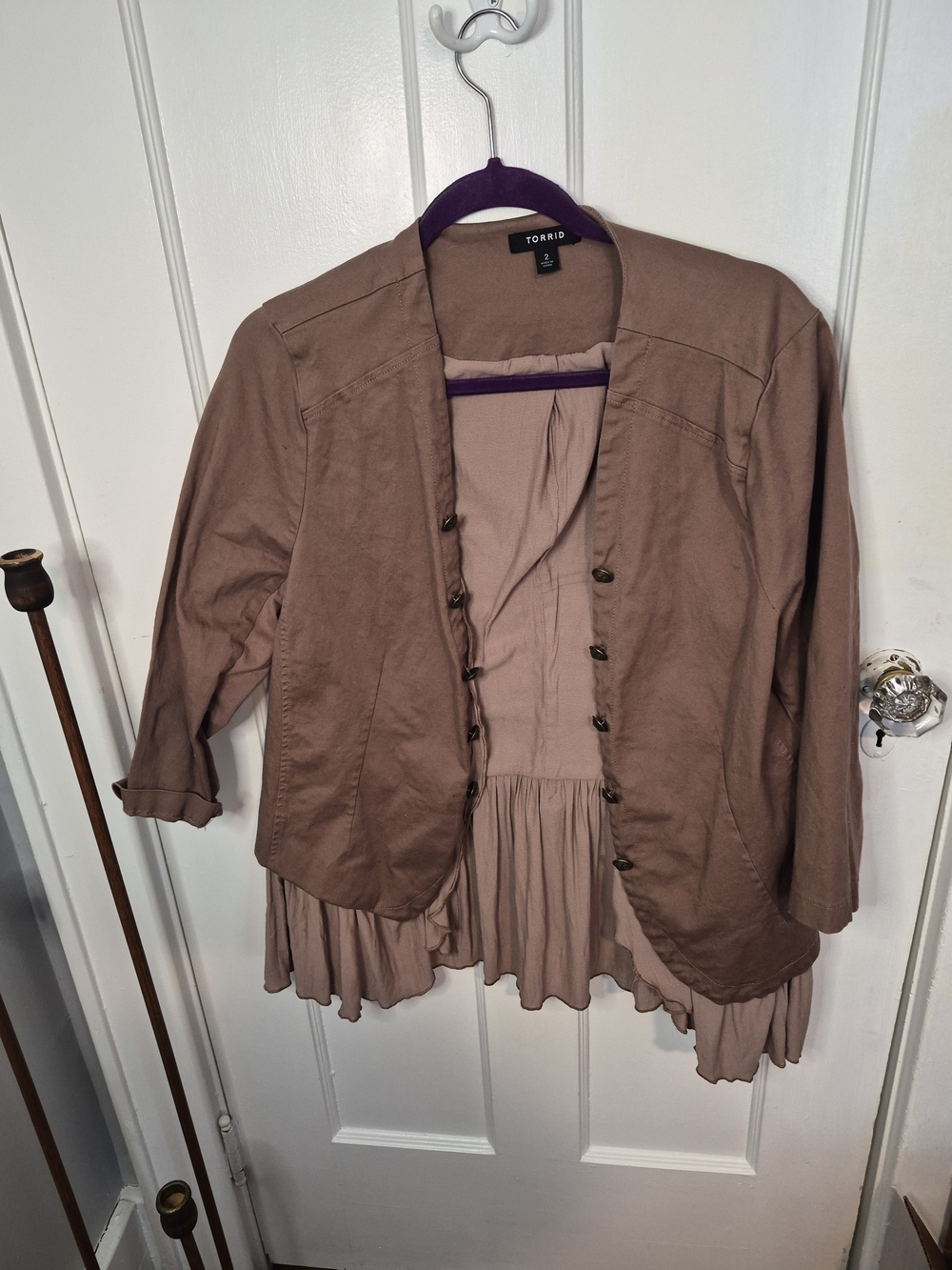 torrid mauve-taupe open-front blazer with ruffle hem